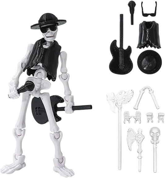 Articulated Skeleton Action Figure with Guitar, Halloween Decorative Toy, 5.35 Inch (Black)