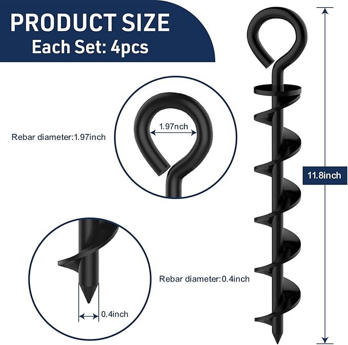 Eurmax USA 4 Pack Heavy Duty Ground Stakes,Industrial Grade Spiral Steel Screw-In Anchors with 4 Bonus Tie-Down Ropes,High Wind Stabilizing Kit for Trampolines,Dog Tie-Out,Canopies,Outdoor Sheds,Black