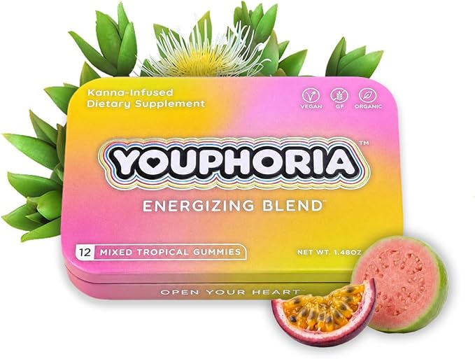 Youphoria Kanna Gummies, 600mg Vegan Botanical Supplement for Mood Support, 12 Count (Passionfruit & Guava)