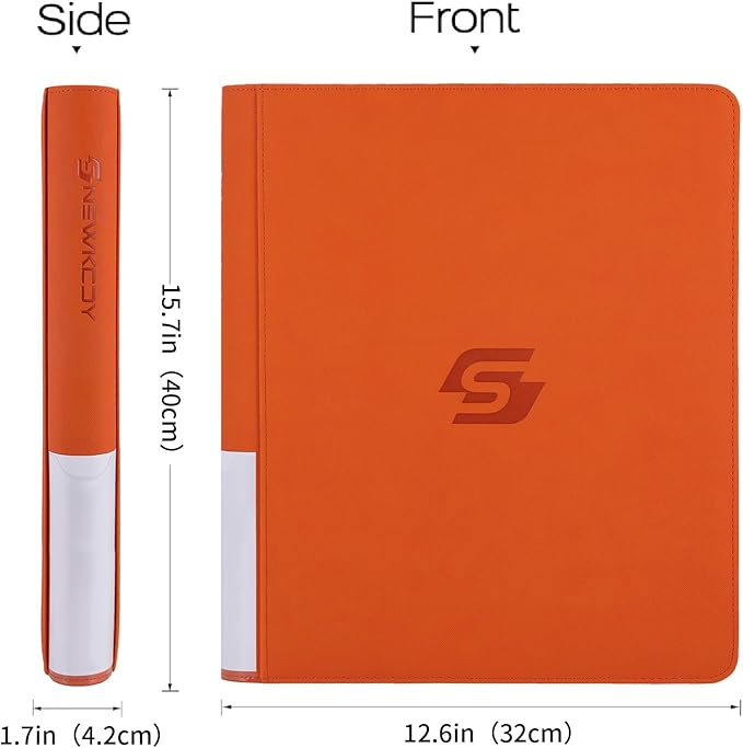 Snekdy Top loader Binder, 9 Pockets Top Loader，Holds 360 Top Loaders cards, Card binder with Sleeves for card in 3 x 4 inches color smooth Zipper PU Leather (Orange)