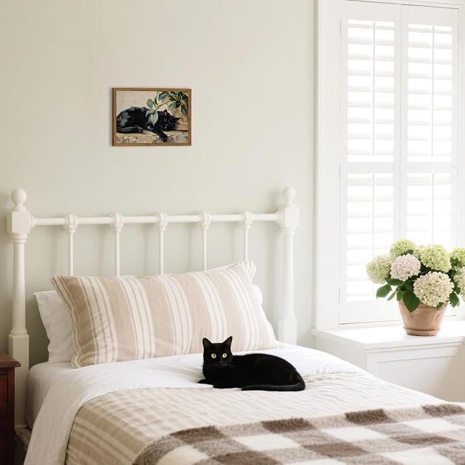 Framed Black Cat Canvas Wall Art, Vintage Sleeping Cat with Plant Picture Wall Decor Paintings, Cute Animal Poster Prints Rustic Aesthetic Home Decor for Living room Bedroom Bathroom 8x10 inch