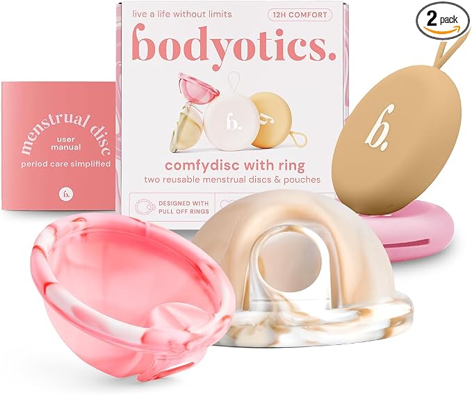 Bodyotics Reusable Menstrual Disc - 2 Pack (S & L), Pink & Beige | Leak-Proof Alternative to Cups, Tampons & Pads for Light or Heavy Flow; Body-Safe Silicone with 12 Hour Wear