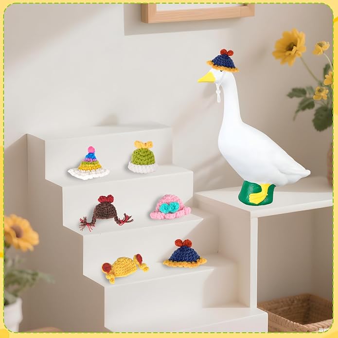 6PCS Mini Knitted Goose Hat with Adjustable Strap,Magnetic Desk Goose Outfits 7 inches,Mini Hat for Statue Keychain Holder,Small Headware for Decoration