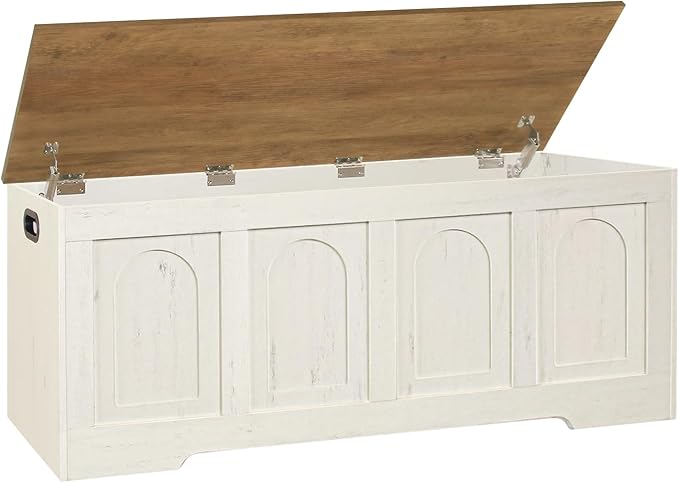 Storage Chest, Wooden Toy Box, Honey Brown & Rustic White 47.2" L | Farmhouse Storage Bench, 2 Soft-close Hinges, Finger-safe Flip-Top Lid, Easy Assembly, Extra Large Trunk, Living Room/Bedroom