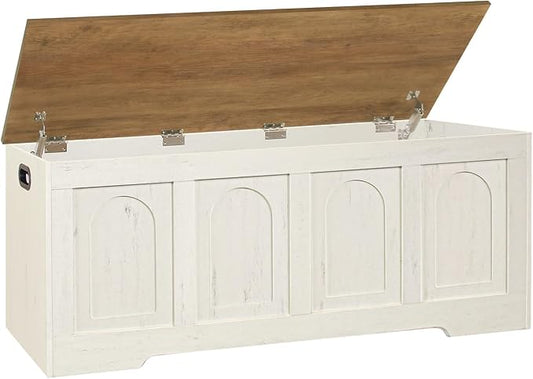 Storage Chest, Wooden Toy Box, Honey Brown & Rustic White 47.2" L | Farmhouse Storage Bench, 2 Soft-close Hinges, Finger-safe Flip-Top Lid, Easy Assembly, Extra Large Trunk, Living Room/Bedroom
