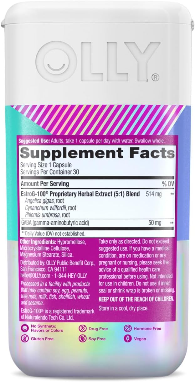 OLLY Mellow Menopause Supplements for Women, Supports Hot Flashes, Vaginal Dryness & Occasional Mood Swings,* Estro-G100®, GABA, Vegan Capsules, 1 Month Supply - 30 Count (Pack of 2)