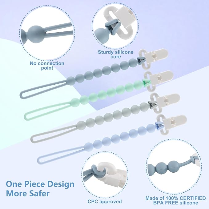 4-Pack Silicone Pacifier Clips with One-Piece Beads for Baby Boys and Girls - Flexible and Rust-Free Holders for Teething Relief and Baby Essentials, Safe for Newborns (Blue)