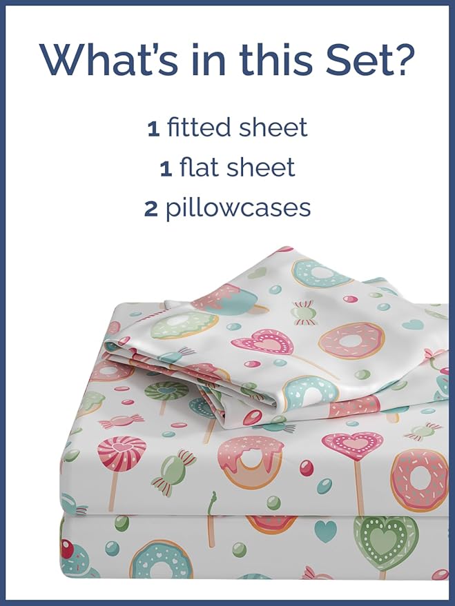 Kids Queen Size Bed Sheet Set - 4 Piece Kids Loft Bed Sheets - Sweets Cupcake Pattern Bedding - Soft, Cute and Cozy - Breathable & Machine Washable - Lollipop Bed Set for Boys, Girls, Teens & Toddlers