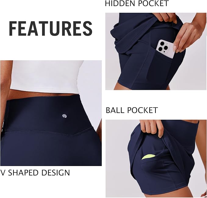 PINSPARK 14" Womens Tennis Skirt High Waisted Golf Skort with 2 Pockets | Built-in Shorts, A Line, Tummy Control, Stretchy, Casual, Mini, Workout, Pickleball, Running, Skort for Woman