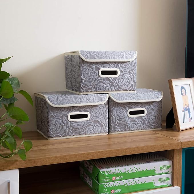Collapsible Storage Boxes with Lids Fabric Decorative Storage Bins Cubes Organizer Containers Baskets with Cover Handles Divider for Bedroom Closet Living Room 9.8x7.9x6.7 Inch 3 Pack