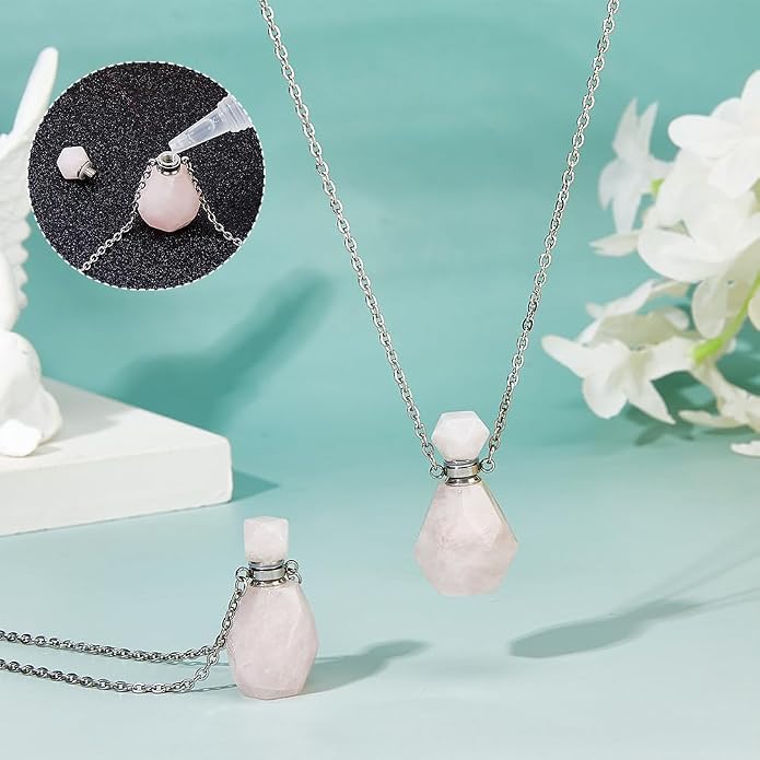 SUPERFINDINGS 2Pcs Perfume Bottle Necklace Essential Oil Diffuser Necklace Natural Crystal Perfume Bottle Pendant with 304 Stainless Steel Chain Gemstone Vial Pendant for Woman Men