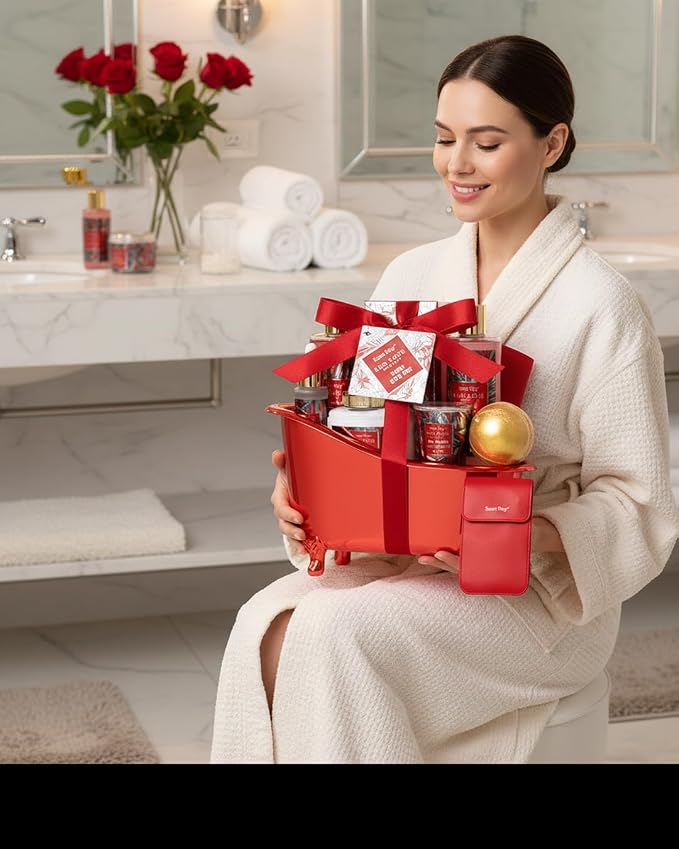 Gifts for Women Birthday Gift Basket Spa Gift Basket Spa Gift Set For Women | Red Rose Bath and Body for Her in Floral Scents Bath Kits, Home Spa Gift Basket, Bath Spa Kit for Mothers day Birthday Gifts