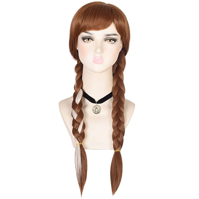 morvally Long Brown Braided Cosplay Wig for Women with Necklace Pigtails Synthetic Hair Wigs for Princess Costume Halloween Party Adult Size (Adult)