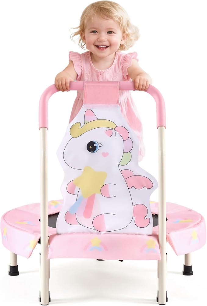 FUNLIO 27" Unicorn Mini Trampoline for Toddlers, Small Trampoline with Safety Handle, Rainbow Fairy Unicorn Jumping Toy for Younger Kids, Foldable & Portable for Indoor/Outdoor Fun, CPC&CE Certified