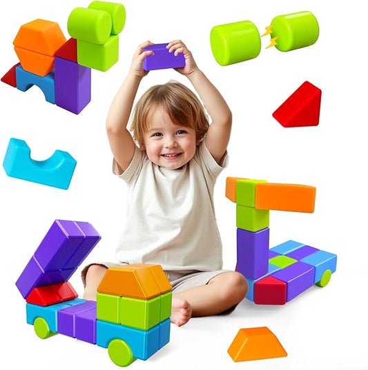Magnetic Blocks for Kids, Magnet Building Blocks - Large 1.65 Inch Magnetic Cubes & Multiple 3D Shapes, Montessori & Sensory Stacking Toys for Boys & Girls Ages 3+ (22PCS)