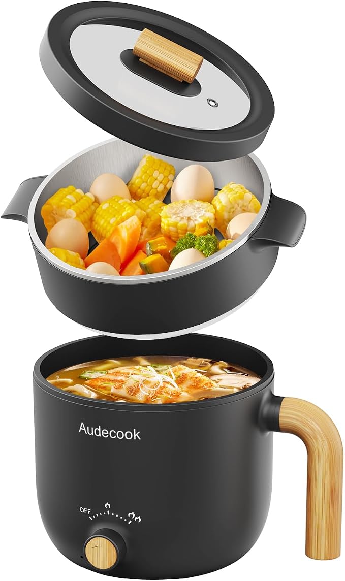Audecook Hot Pot Electric with Steamer, 1.5L Portable Nonstick Rapid Noodles Cooker, Travel Electric Skillet with Dual Power Control for Ramen/Pasta/Soup/Steak/Egg/Oatmeal (Black)