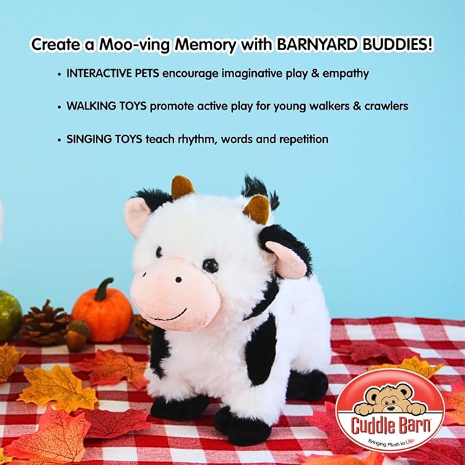 Cuddle Barn - Barnyard Buddies Cow | Animated Singing Cow Plush Stuffed Animal | Walks and Wags Tail to Old Macdonald, 8 inches