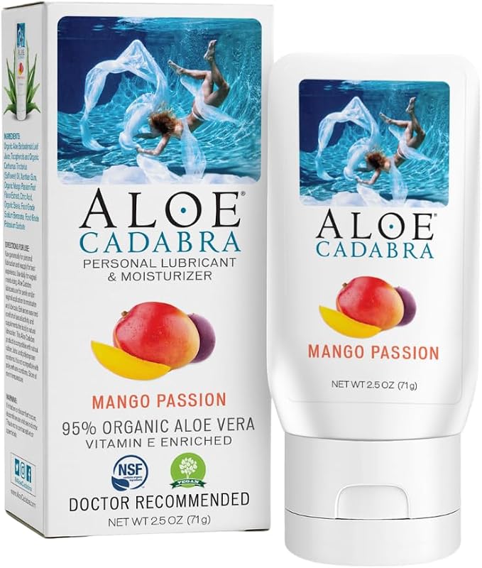Aloe Cadabra Flavored Personal Lubricant & Vaginal Moisturizer, NSF Certified Organic Edible Aloe Lube for Men, Women & Couples, Non-Staining, pH Balanced, Toy Compatible (Mango Passion, 2.5oz 1 Pack)