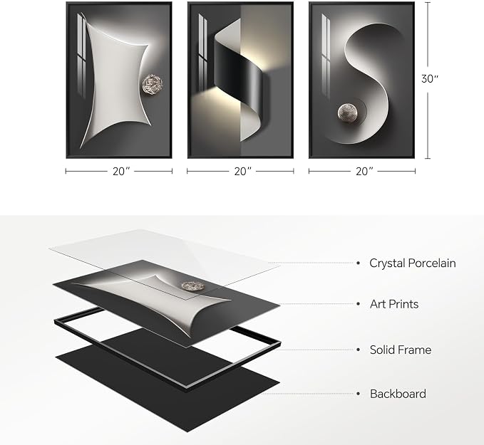 3 Piece Framed Black and White Abstract Wall Art for Living Room, Large Modern Minimalist Geometric Picture Prints Paintings, Bright Style Luxury Artwork for Bedroom Dining Room Wall Decor 20x30 Inch