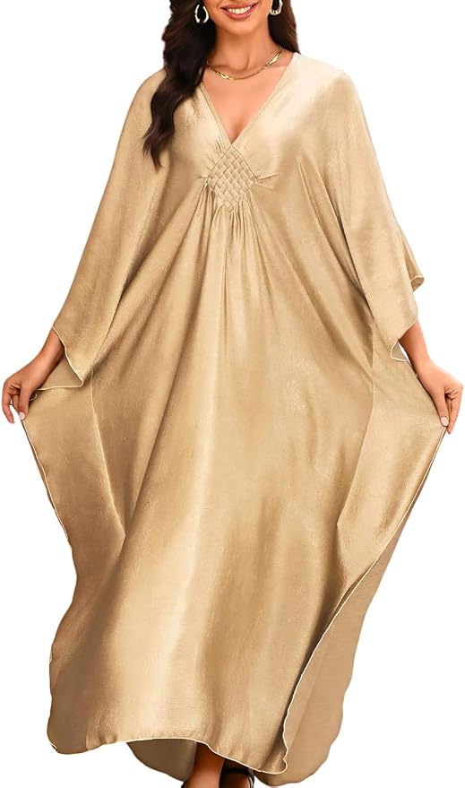 ChiaoLezhee Print Moo-Moos for Women, Kaftan Cover-Up Dresses, Sexy V-Neck High-Slit, Beach Pool-Party Coverups Muumuu Plus