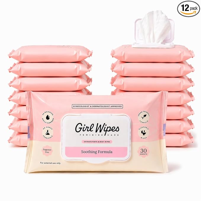 Girl Wipes Flushable Intimate Wipes for Women – Fragrance Free, pH Balanced Feminine Hygiene Wipes for Sensitive Skin, Hypoallergenic, Gynecologist & Dermatologist Approved, Vegan (12-Pack)
