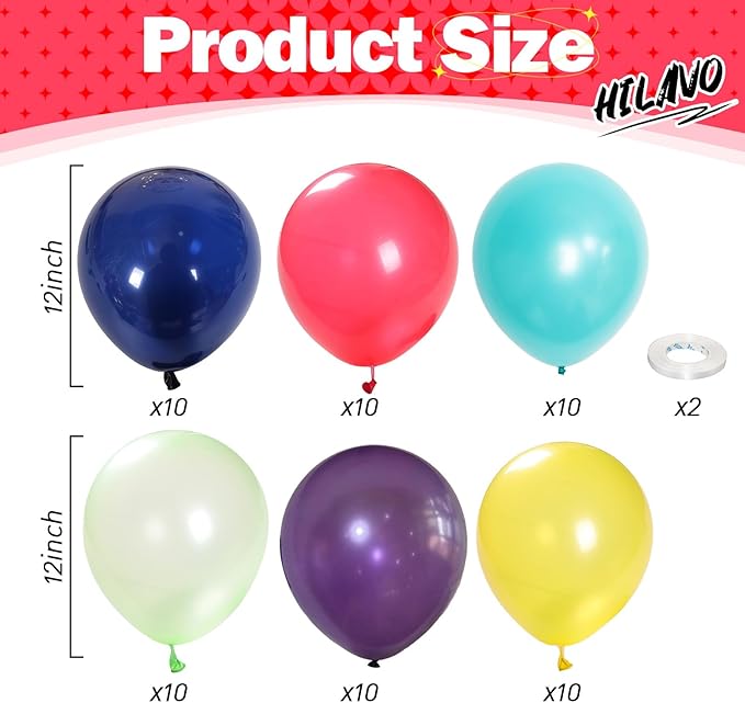 60Pcs Balloons Assorted Colors, 12 Inch Rainbow Helium Colorful Multicolor Pastel Green Blue Yellow Red Purple Balloons, Bright Primary Latex Balloon for Wedding Baby Shower Birthday Party Decorations