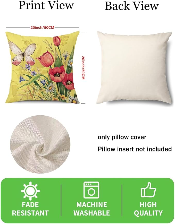 wyooxoo Spring Summer Pillow Covers 20x20 Set of 4 Decorative Throw Pillow Covers Linen Flower Butterfly Farmhouse Pillowcases for Sofa Couch Living Room Outdoor