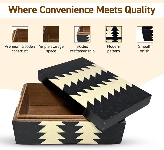 Perilla Home ﻿Home Decor Decorative Storage Wooden Box Small Wooden Organizer Tool Stash Card Craft Trinket Memory Keepsake Jewelry Box for Men and Women, Makalu, Gifts For All, Black & Off White