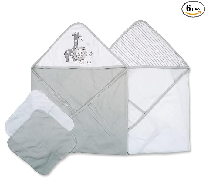 Spasilk Bath Hooded Towels & Washcloths Set for Babies, 2 Hooded Terry Bath Towels & 2 Washcloths, Grey Lion