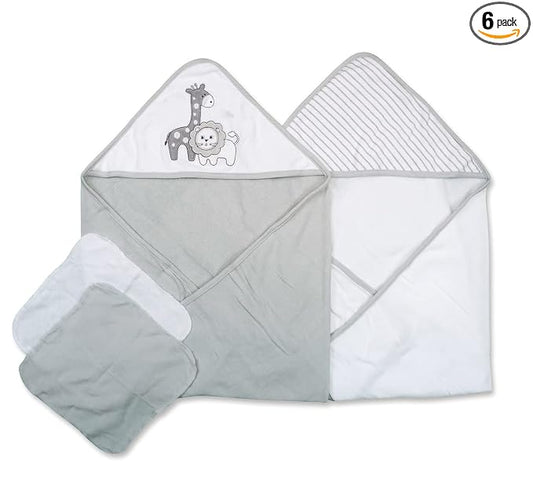 Spasilk Bath Hooded Towels & Washcloths Set for Babies, 2 Hooded Terry Bath Towels & 2 Washcloths, Grey Lion