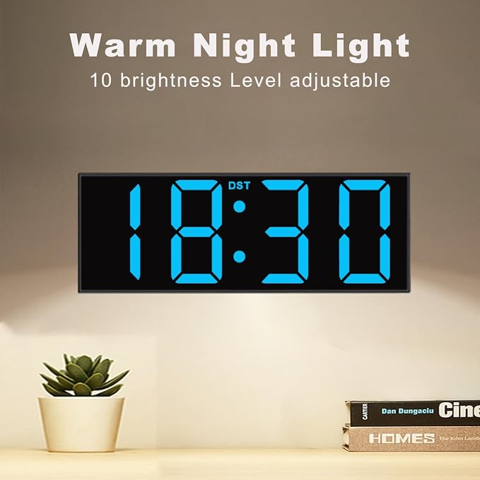 JALL Digital Wall Clock Large Display with Big LED Numbers, Remote Control, 8 RGB Colors, Auto DST, Night Light for Classroom Living Room Bedroom Birthday Gift for Senior, Men Women, Blue