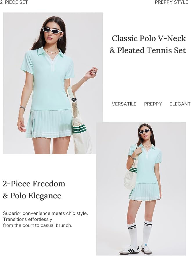 Women 2 Piece Tennis Skirt Set Pleated Golf Outfit, Polo V-Neck Athletic Dress Alternative Skort Set for Pickleball Pockets