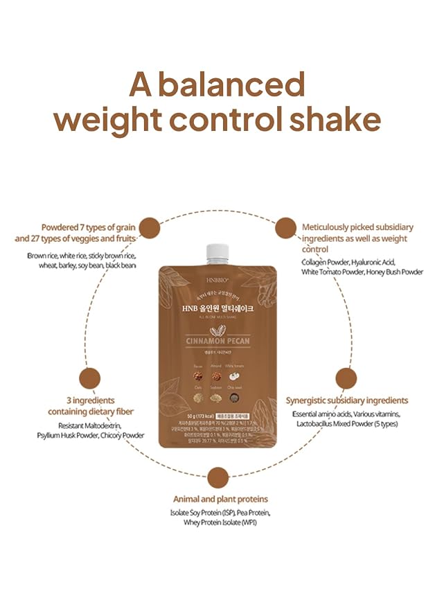 Korean Food All-In-One Multi Shake, Cinnamon Pecan, Fiber, 7 Pack, 350g | Cinnamon pecan-flavored powder blend with dietary fiber in convenient individual packs