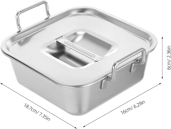 NUOBESTY Stainless Steel Square Snack Basket with Lid and Handles, Food Serving Tray for Fried Chicken, French Fries, Desserts, Party, Buffet, Kitchen (Silver)