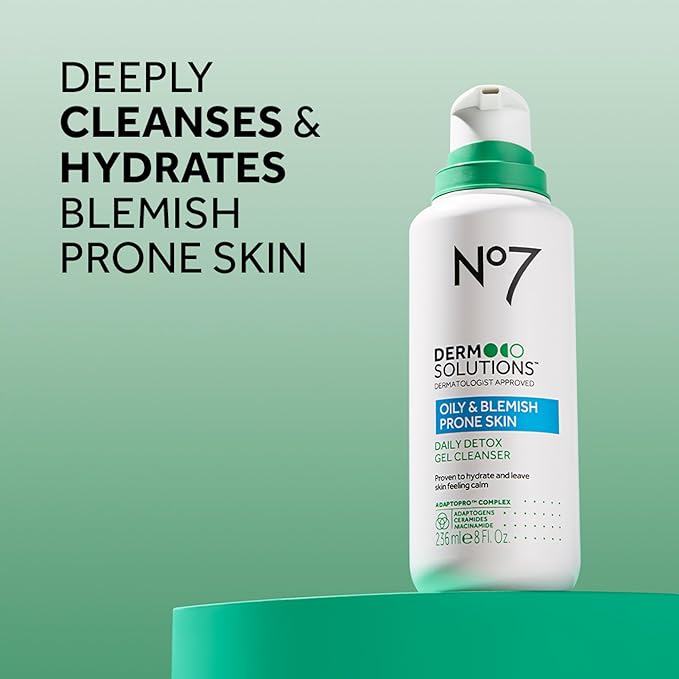 No7 Derm Solutions Daily Detox Foaming Face Wash - Gel Facial Cleanser Formulated with Ceramides, Niacinamide & Adaptogens To Help Maintain Moisture Barrier - For Oily & Blemish-Prone Skin (8 Fl Oz)
