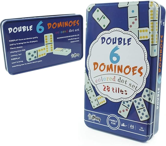PUREPLAY Double 6 Colored Dot Dominoes Game Set,28 Pieces Dominoes Tiles with Reusable Collectors Tin,Domino for Adults-Party Favors and Anytime Use,for 2 or More Players