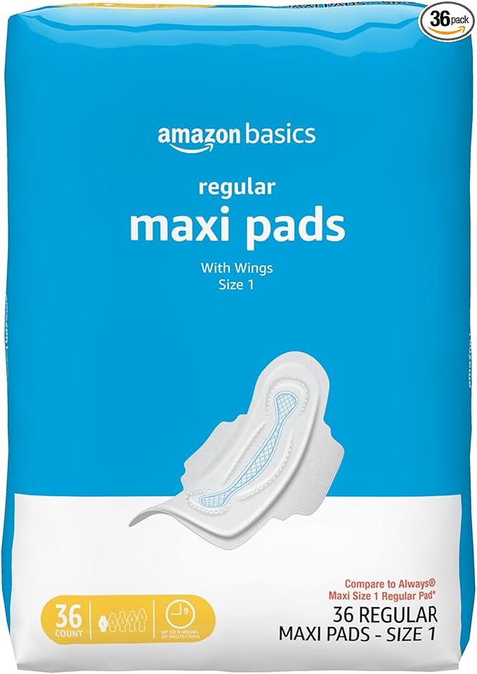 Amazon Basics Thick Maxi Pads with Wings for Periods, Regular Absorbency, Feminine Pads, Unscented, Size 1, 36 Count