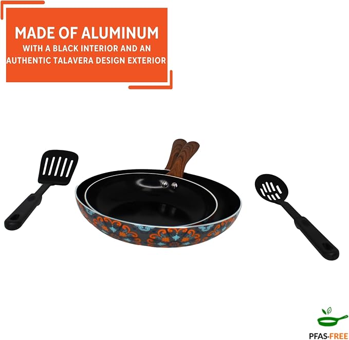 IMUSA 4 Piece 8 & 10 Inch Talavera Aluminum Black Ceramic Fry Pan Set | Nonstick Ceramic Surface, Soft-Touch Handles, Includes 8 Inch and 10 Inch Fry Pans, Great for Daily Use