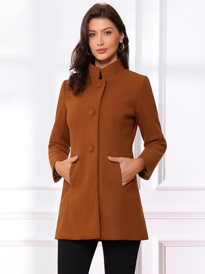 Allegra K Women's Winter Overcoat Mid-Long Stand Collar Single Breasted Coat Outerwear