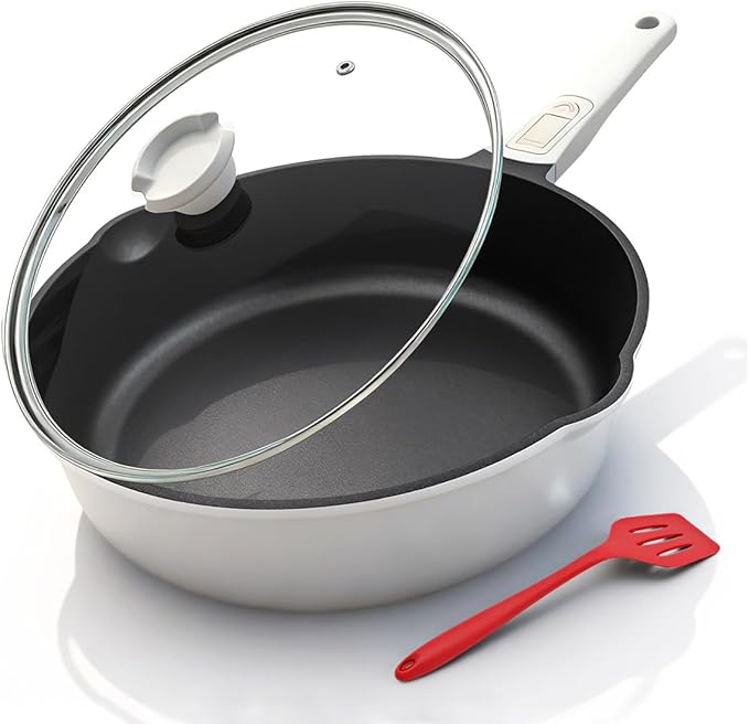 12 Inch Deep Frying Pan Skillet with Lid, Large Saute Pan Non Stick, White | 5 QT Cooking Pan with Detachable Handle, Suitable for All Stoves Including Induction, Oven Safe, PTFE & PFAS & PFOA Free