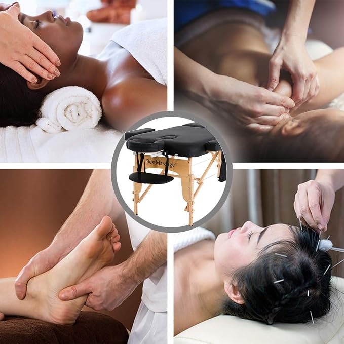BestMassage Massage Bed Portable Massage Table 28 inch Wide Lash Bed Height Adjustable 2 Folding PU Leather with Towel Hanger Oil Pouch Half Bolster Round Bolster Non-Woven Bag