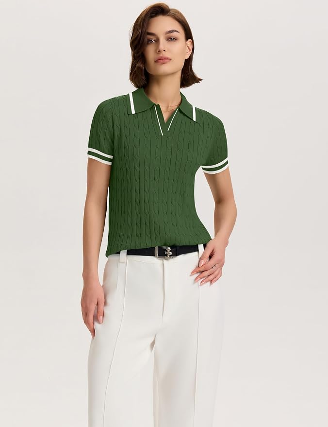Micoson Womens Short Sleeve Sweater Tops Lapel V Neck Polo Shirts 2026 | Summer Cable Knit Loose Blouses, Business Casual Outfits