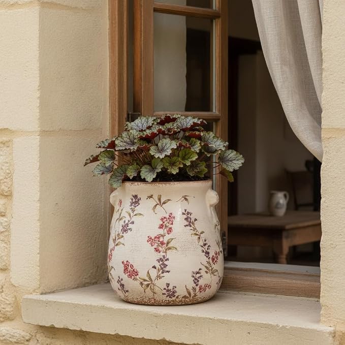 Xiaan Jiaju 6.7" French Country Ceramic Plant Pot with Drainage Hole | Vintage Ice Crackle Planter, Decorative Vase or Kitchen Utensil Holder, Rustic Decor for Indoor & Outdoor Home & Garden