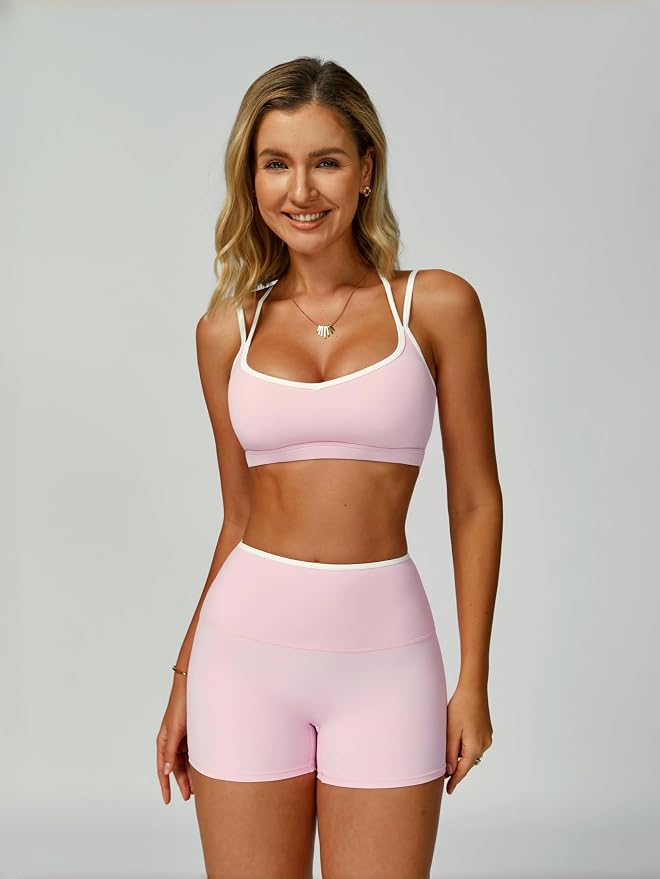 ABOCIW Workout Sets for Women 2 Piece Color Block Strappy Sports Bra High Waist Shorts Gym Yoga Pilates Outfits