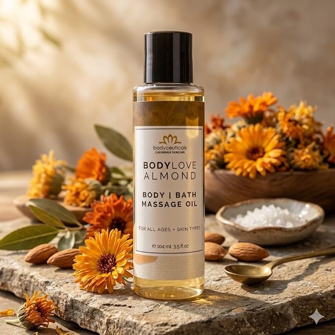 Almond BodyLove Massage Oil – 100% Food-Grade, Organic Hydrating Body Oil with Calendula – Non-GMO, Vegan, Gentle on Sensitive Skin – 3.5 oz