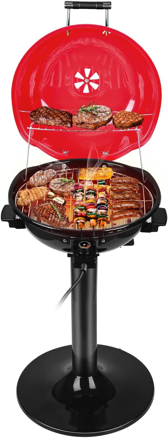 Electric Grill Outdoor BBQ, Techwood 15-Serving Indoor/Outdoor Electric Grill for Indoor & Outdoor Use, Double Layer Design, Portable Removable Stand Grill, 1600W (Stand Red BBQ Grills)