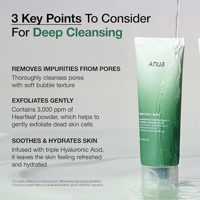 Anua Heartleaf Quercetinol Pore Deep Cleansing Foam, Face wash for Pore Refining Cleanser, Hydrating Daily Facial Cleanser For Double Cleansing, Gentle Foaming with BHA, Korean Skincare, 5.07 fl.oz.