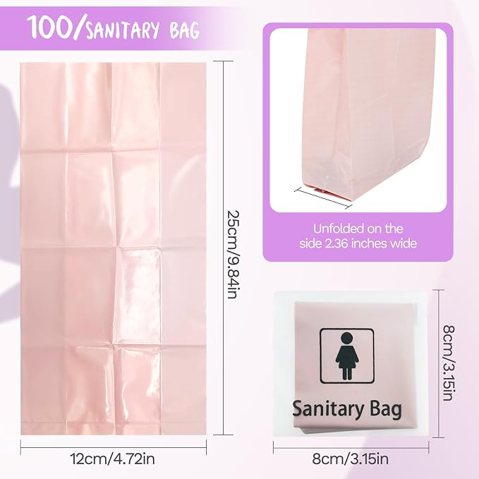 Sanitary Napkin Disposal Bags, Individually Wrapped, 100 Pack | Feminine Hygiene Disposal Bags for Pads, Tampons, Privacy Protection, Pink