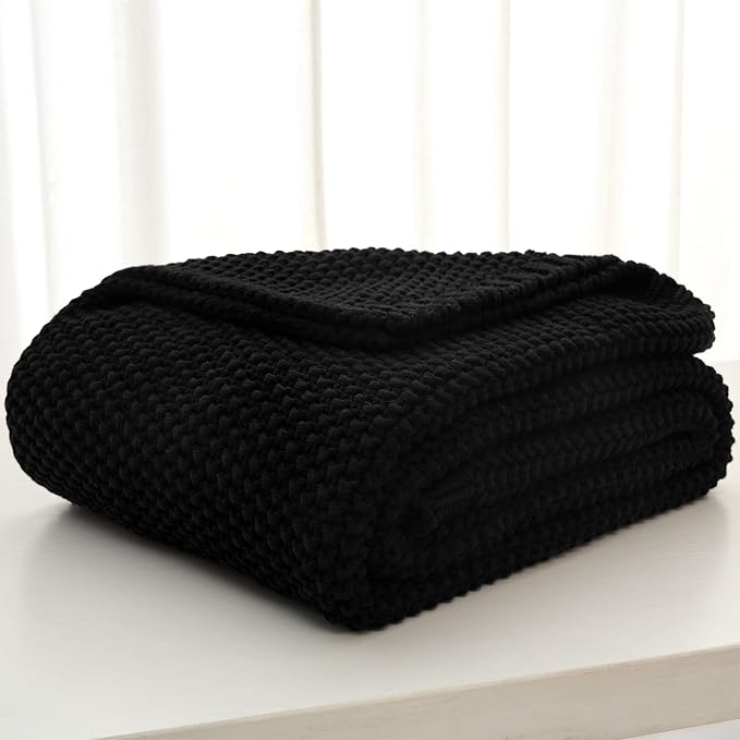 Chunky Cable Knit Throw Blanket Lightweight Black 100% Organic Cotton Blanket for Sofa Couch Bed Baby Nursery, Rustic Shabby Chic Modern Farmhouse, 51” x 63” Give Laundering Bag