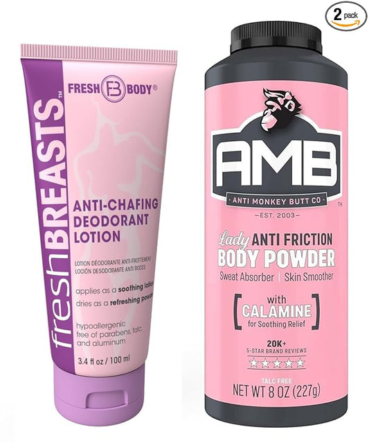 Ladies No Sweat Bundle: Fresh BREASTS Lotion, 3.4oz - The Solution for Women and Lady Anti-Monkey Butt Body Powder, 8oz